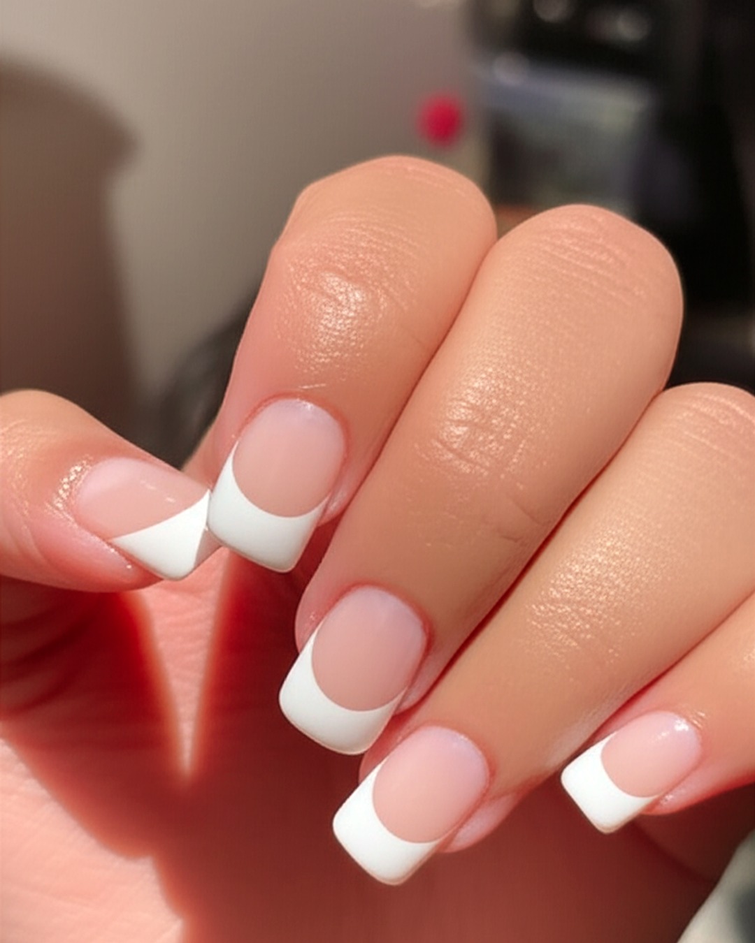 Close-up of crisp white French tips with a deep smile line
