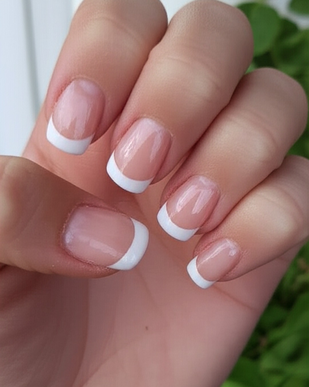 Classic thin white French tips on short natural nails
